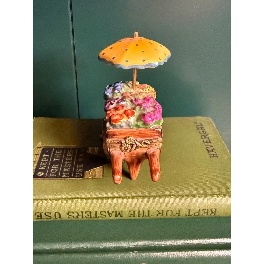 Vintage Limoges France Hand Painted Porcelain Faux wood Flower Cart Trinket Box